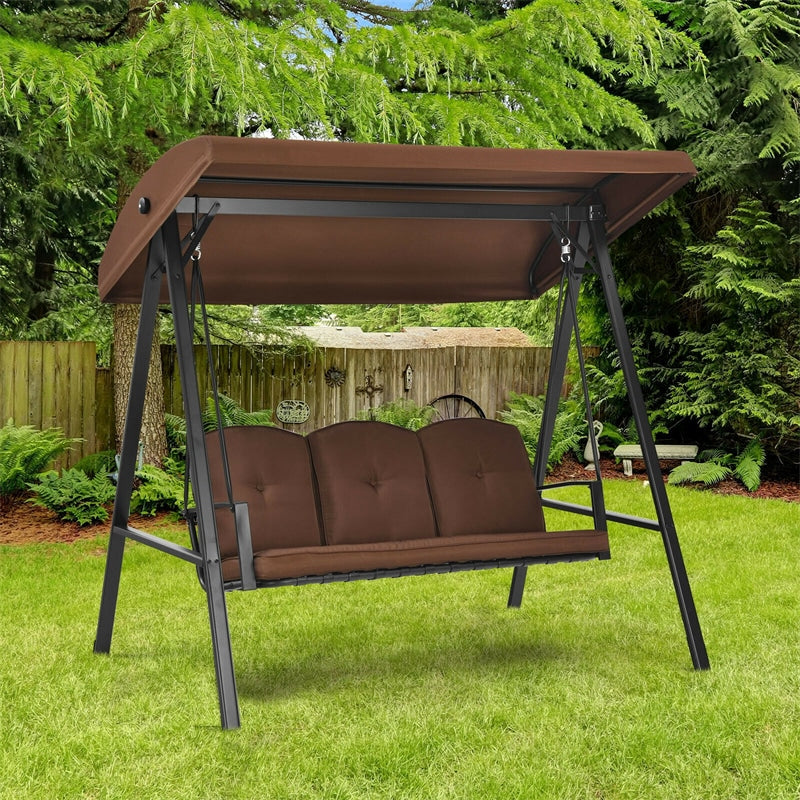 Outdoor 3 Seat Porch Swing with Adjust Canopy and Cushions Gray Costway