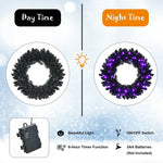 24" Black Halloween Wreath PreLit Artificial Christmas Wreath with 35 Purple LED Lights & Built-in Waterproof Timer for Outdoor Indoor Party Decor