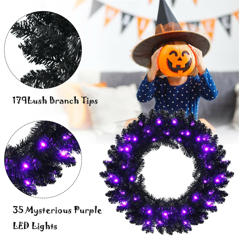 24" Black Halloween Wreath PreLit Artificial Christmas Wreath with 35 Purple LED Lights & Built-in Waterproof Timer for Outdoor Indoor Party Decor