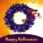 24" Black Halloween Wreath PreLit Artificial Christmas Wreath with 35 Purple LED Lights & Built-in Waterproof Timer for Outdoor Indoor Party Decor