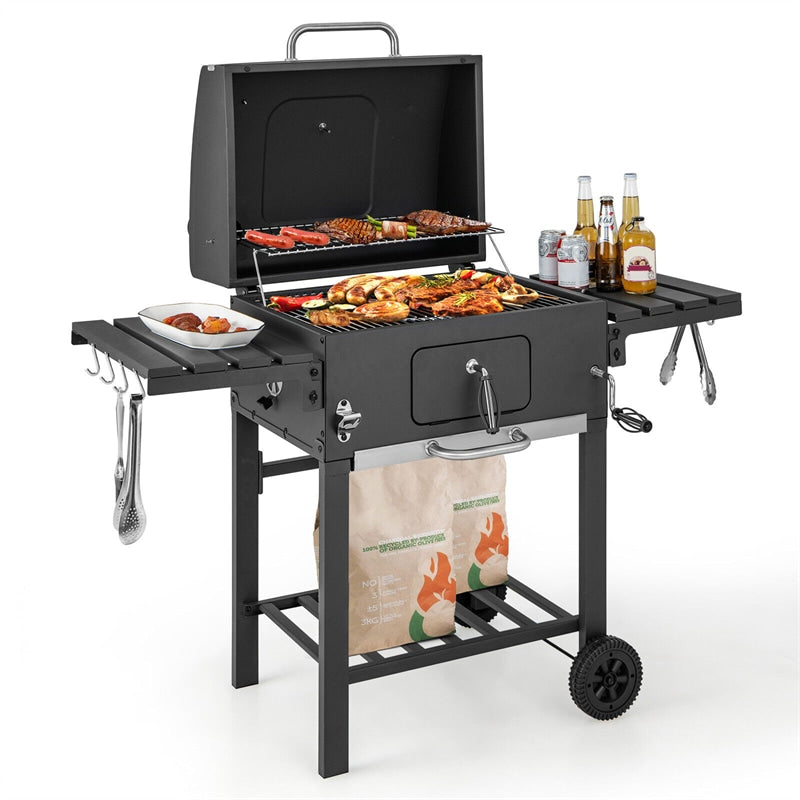 24" Heavy Duty Charcoal Grill Outdoor BBQ Grill with 2 Foldable Side Tables, Storage Shelf & 2 Wheels for Picnic Party Camping Backyard