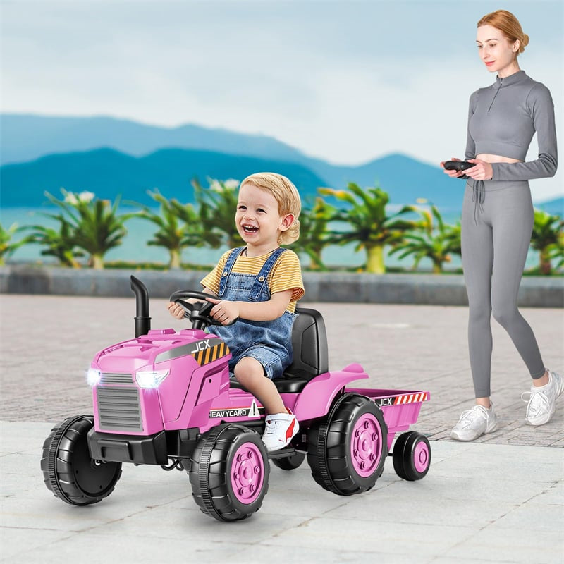 2-in-1 Kids Ride On Tractor with Trailer, 12V Battery Electric Ride on Car Tractor Ride Toy w/ Remote Control, Wireless Connection, Lights