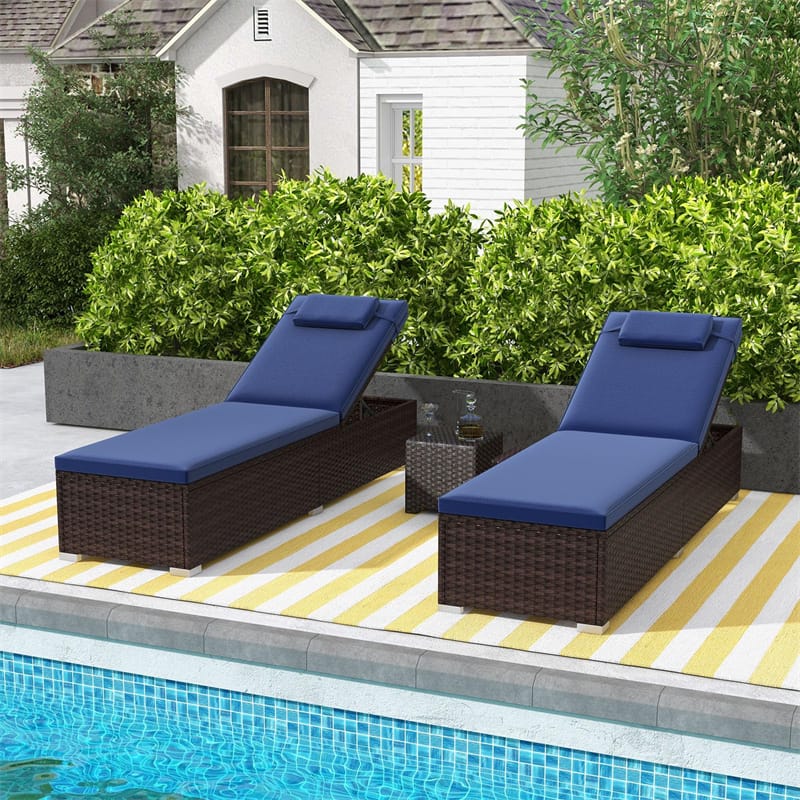 2PCS Patio Chaise Lounge Outdoor Rattan Lounge Chair Metal Frame Reclining Pool Chair with 6-Level Adjustable Backrest, Cushions, Headrests
