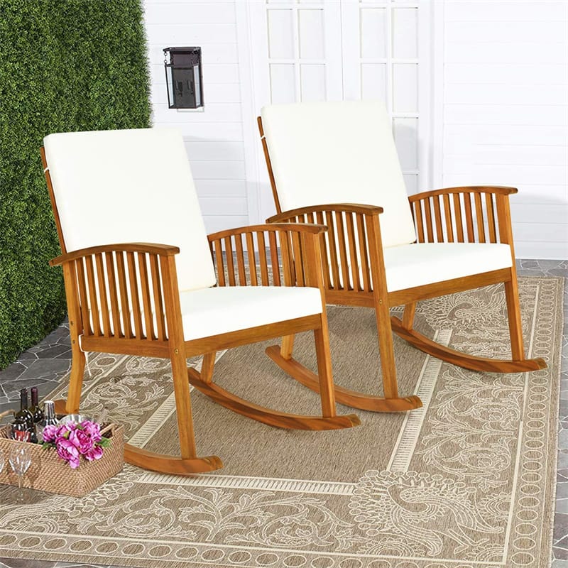 2PCS Outdoor Acacia Wood Rocking Chair Wooden Rocker for Porch Garden Patio with Detachable Back & Seat Cushions