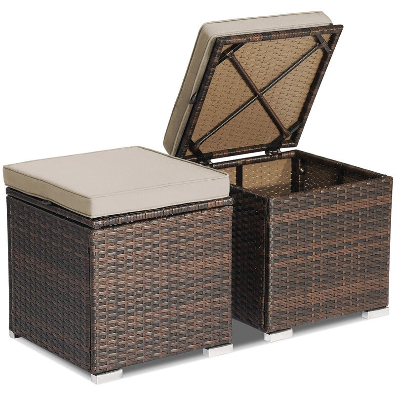 2PCS Wicker Patio Ottomans Hand-Woven PE Rattan Multipurpose Outdoor Footstool Side Table with Removable Cushions & Hidden Storage Box