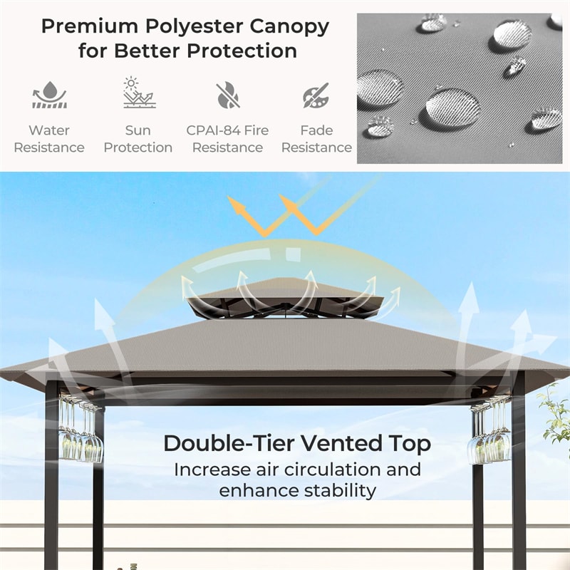 3PCS Patio Bar Set Grill Gazebo & 2 Bar Stools with Tempered Glass Bar Table, Metal Storage Shelves, Outdoor 2-Tier Vented Top Canopy BBQ Gazebo