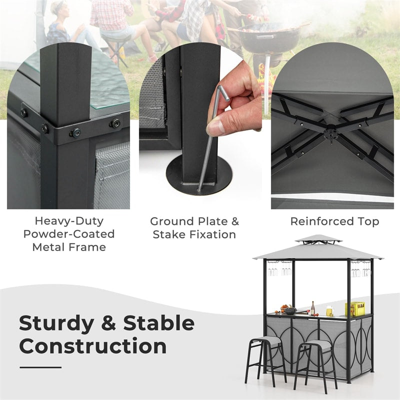 3PCS Patio Bar Set Grill Gazebo & 2 Bar Stools with Tempered Glass Bar Table, Metal Storage Shelves, Outdoor 2-Tier Vented Top Canopy BBQ Gazebo