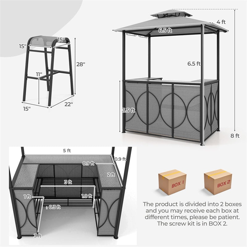 3PCS Patio Bar Set Grill Gazebo & 2 Bar Stools with Tempered Glass Bar Table, Metal Storage Shelves, Outdoor 2-Tier Vented Top Canopy BBQ Gazebo