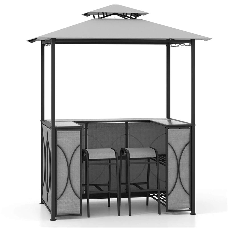 3PCS Patio Bar Set Grill Gazebo & 2 Bar Stools with Tempered Glass Bar Table, Metal Storage Shelves, Outdoor 2-Tier Vented Top Canopy BBQ Gazebo