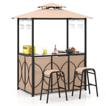 3PCS Patio Bar Set Grill Gazebo & 2 Bar Stools with Tempered Glass Bar Table, Metal Storage Shelves, Outdoor 2-Tier Vented Top Canopy BBQ Gazebo