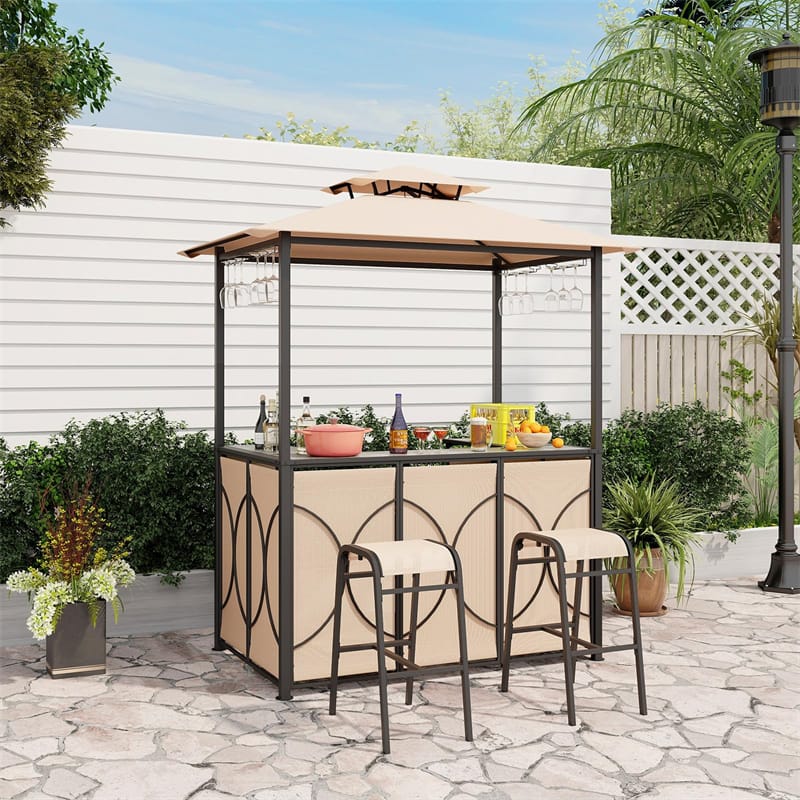 3PCS Patio Bar Set Grill Gazebo & 2 Bar Stools with Tempered Glass Bar Table, Metal Storage Shelves, Outdoor 2-Tier Vented Top Canopy BBQ Gazebo