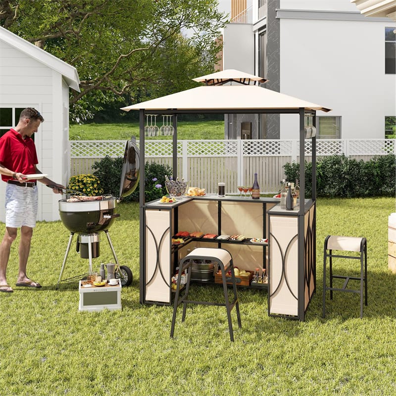 3PCS Patio Bar Set Grill Gazebo & 2 Bar Stools with Tempered Glass Bar Table, Metal Storage Shelves, Outdoor 2-Tier Vented Top Canopy BBQ Gazebo