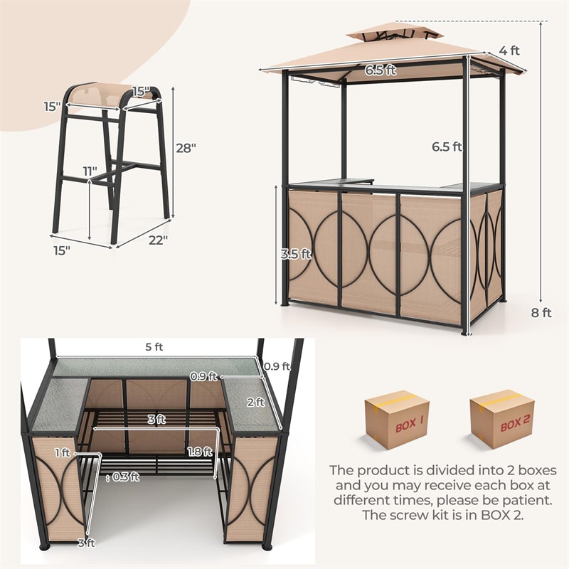 3PCS Patio Bar Set Grill Gazebo & 2 Bar Stools with Tempered Glass Bar Table, Metal Storage Shelves, Outdoor 2-Tier Vented Top Canopy BBQ Gazebo