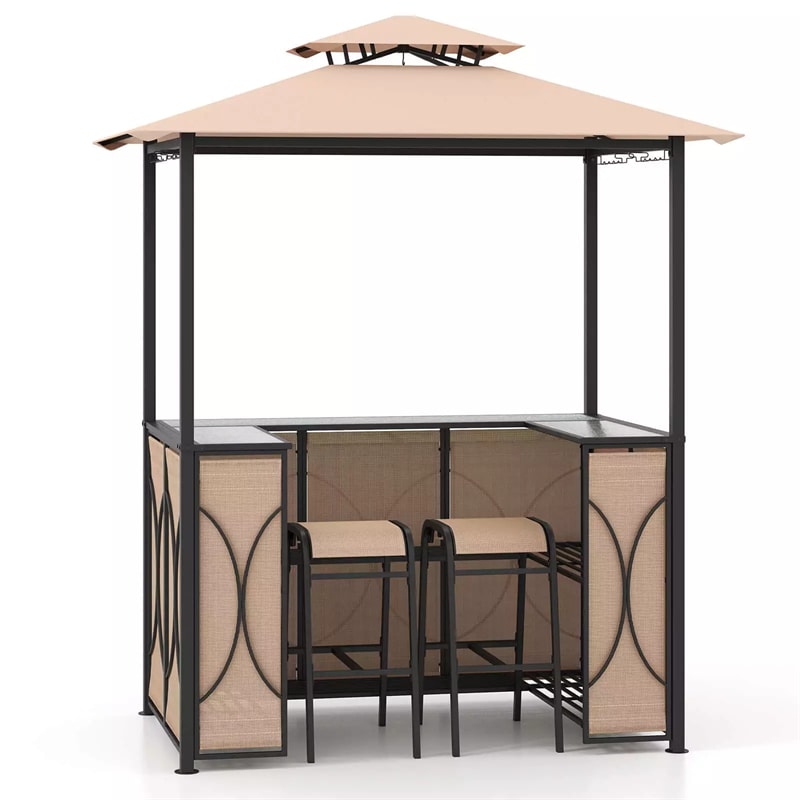 3PCS Patio Bar Set Grill Gazebo & 2 Bar Stools with Tempered Glass Bar Table, Metal Storage Shelves, Outdoor 2-Tier Vented Top Canopy BBQ Gazebo