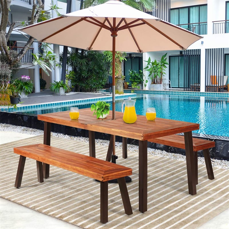 3 Piece Patio Dining Table Set Acacia Wood Table Bench Outdoor Picnic Table with Umbrella Hole, 2 Benches & Steel Legs