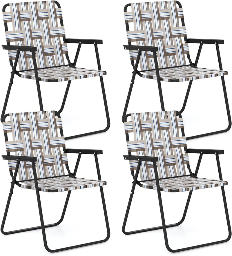 4 Pack Folding Beach Chairs Webbed Lawn Chairs Portable Lightweight Camping Chair with Armrest & Steel Frame