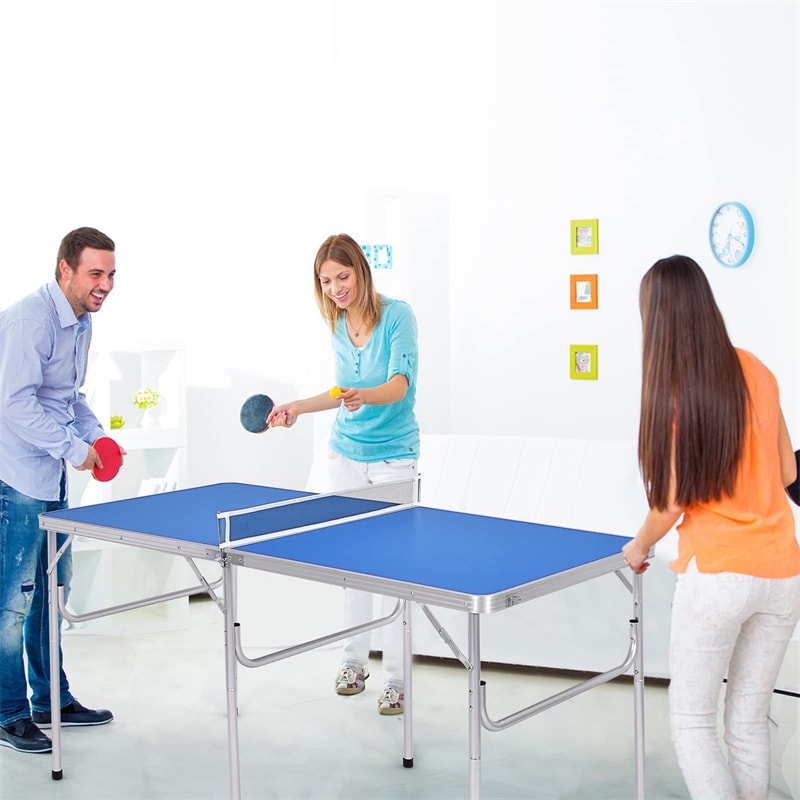 60" Portable Table Tennis Table Folding Ping Pong Table with Net, 2 Paddles & 4 Balls, Multipurpose Freestanding Table for Indoor Outdoor Use