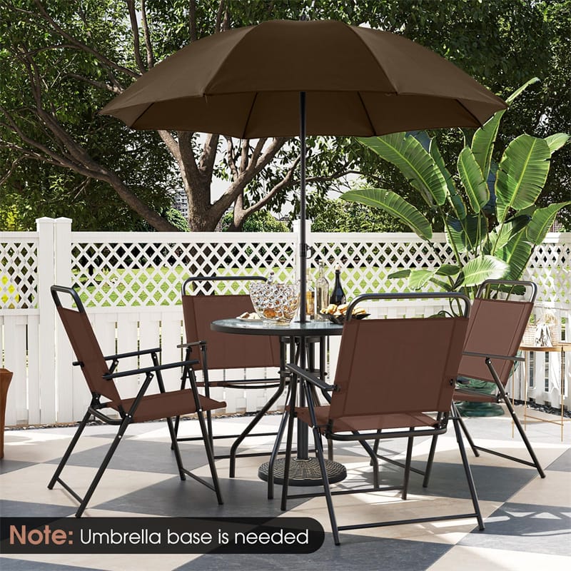 6 Piece Patio Dining Set Outdoor Folding Chairs Set with Tempered Glass Table & Tilt Umbrella, Portable Patio Table and Chairs for Lawn Garden Yard