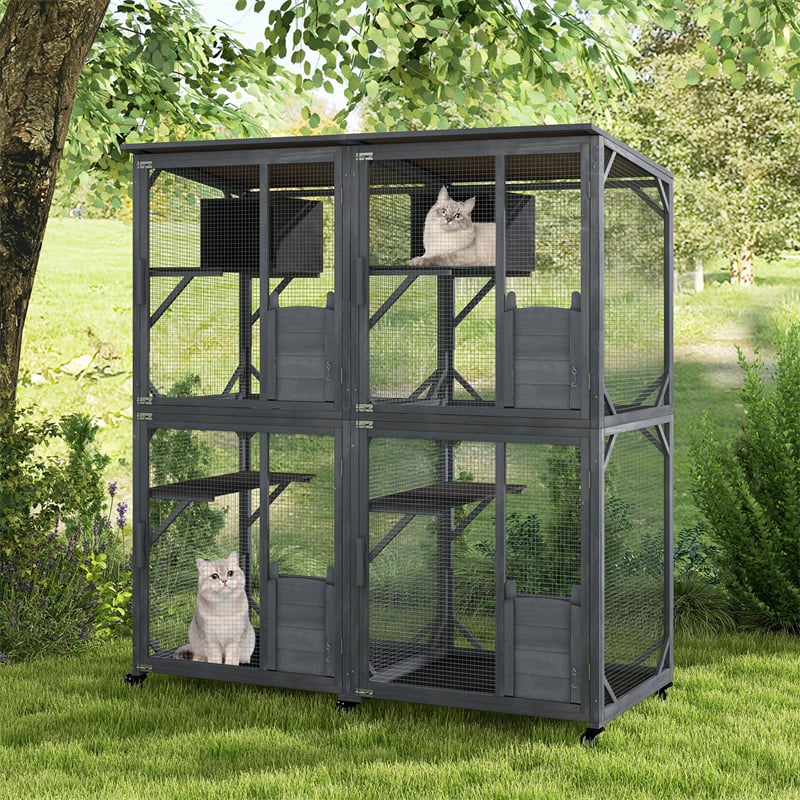 72" Tall Catio Outdoor Cat Enclosure Large Wooden Cat House Walk-in Cat Condo Cage Kitten Playpen on Wheels with Weatherproof Asphalt Roof