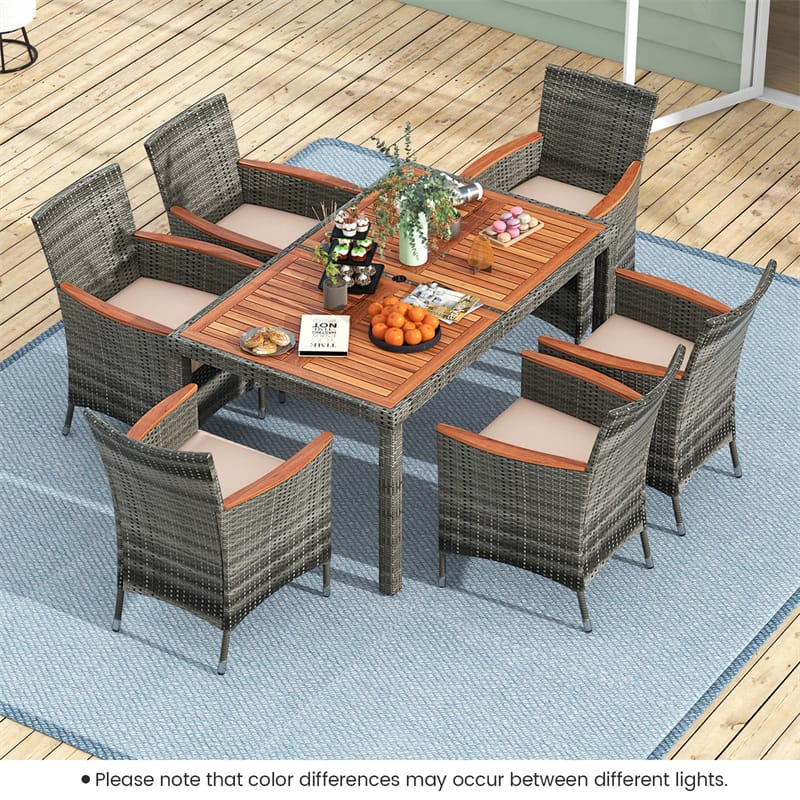 7 Piece Rattan Patio Dining Set with Umbrella Hole Acacia Wood Table, 6 Cushioned Armchairs, Outdoor Wicker Dining Table Set with Cushions for 6