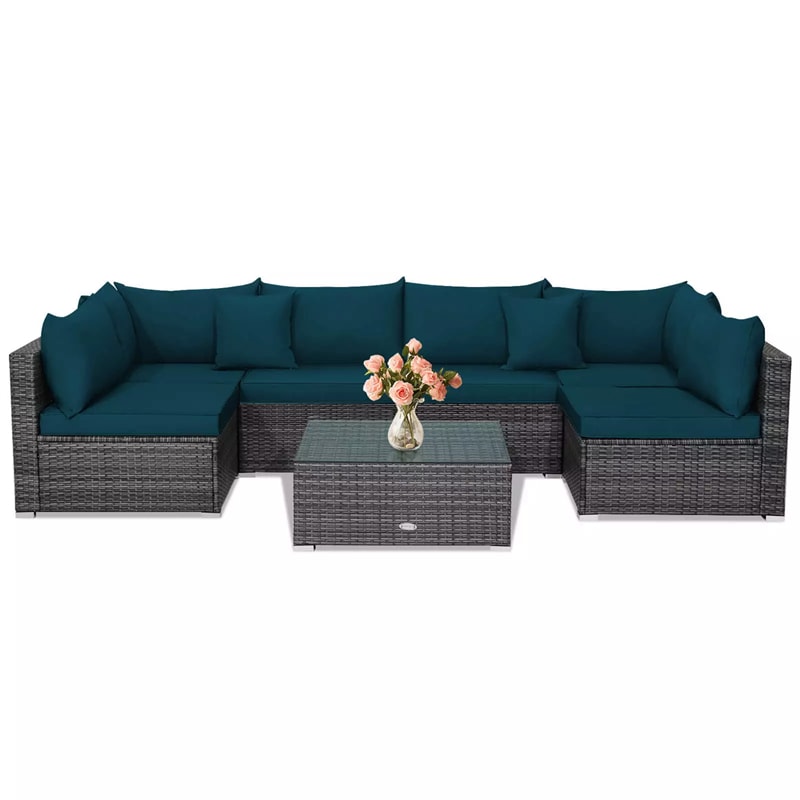 7 Piece Outdoor PE Rattan Sectional Sofa Set Modular Patio Furniture Set with Seat & Back Cushions, 2 Throw Pillows, Coffee Table