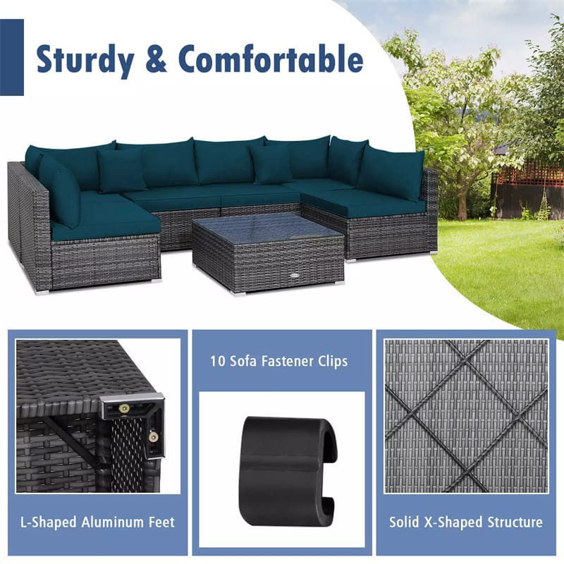 7 Piece Outdoor PE Rattan Sectional Sofa Set Modular Patio Furniture Set with Seat & Back Cushions, 2 Throw Pillows, Coffee Table