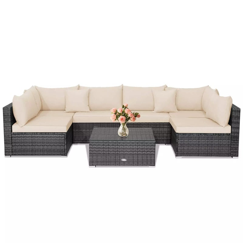 7 Piece Outdoor PE Rattan Sectional Sofa Set Modular Patio Furniture Set with Seat & Back Cushions, 2 Throw Pillows, Coffee Table