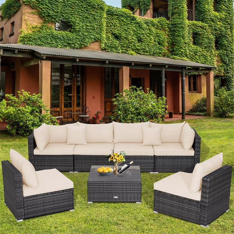 7 Piece Outdoor PE Rattan Sectional Sofa Set Modular Patio Furniture Set with Seat & Back Cushions, 2 Throw Pillows, Coffee Table