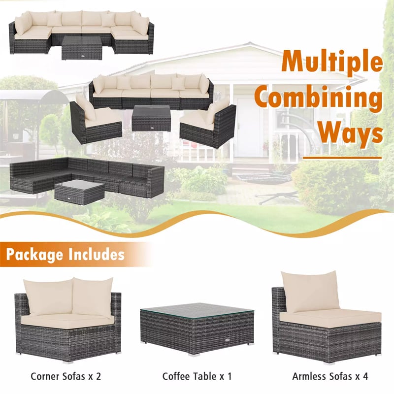 7 Piece Outdoor PE Rattan Sectional Sofa Set Modular Patio Furniture Set with Seat & Back Cushions, 2 Throw Pillows, Coffee Table