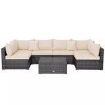 7 Piece Outdoor PE Rattan Sectional Sofa Set Modular Patio Furniture Set with Seat & Back Cushions, 2 Throw Pillows, Coffee Table