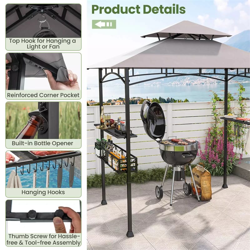 8 x 5Ft Grill Gazebo 2-Tier Canopy Outdoor Barbecue Gazebo with 2 Shelves & Storage Baskets for Backyard Garden Poolside