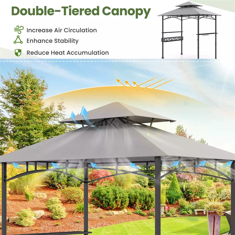 8 x 5Ft Grill Gazebo 2-Tier Canopy Outdoor Barbecue Gazebo with 2 Shelves & Storage Baskets for Backyard Garden Poolside