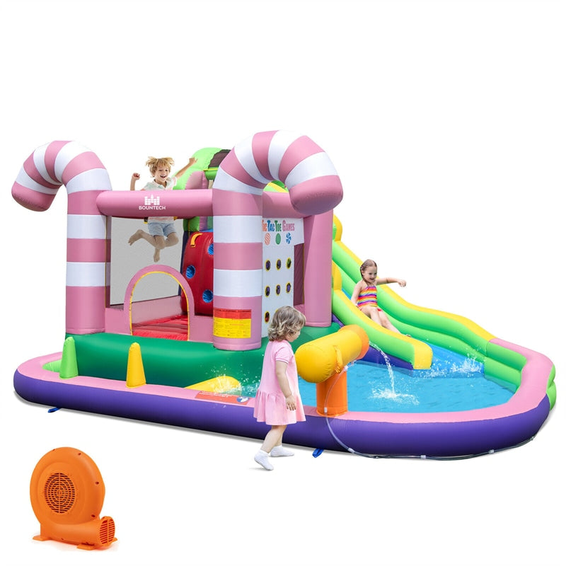 9-in-1 Inflatable Water Slide Bounce House Sweet Candy Backyard Bouncy Castle Waterpark Pool with GFCI 680W Blower, Climbing Wall & Tic-Tac-Toe
