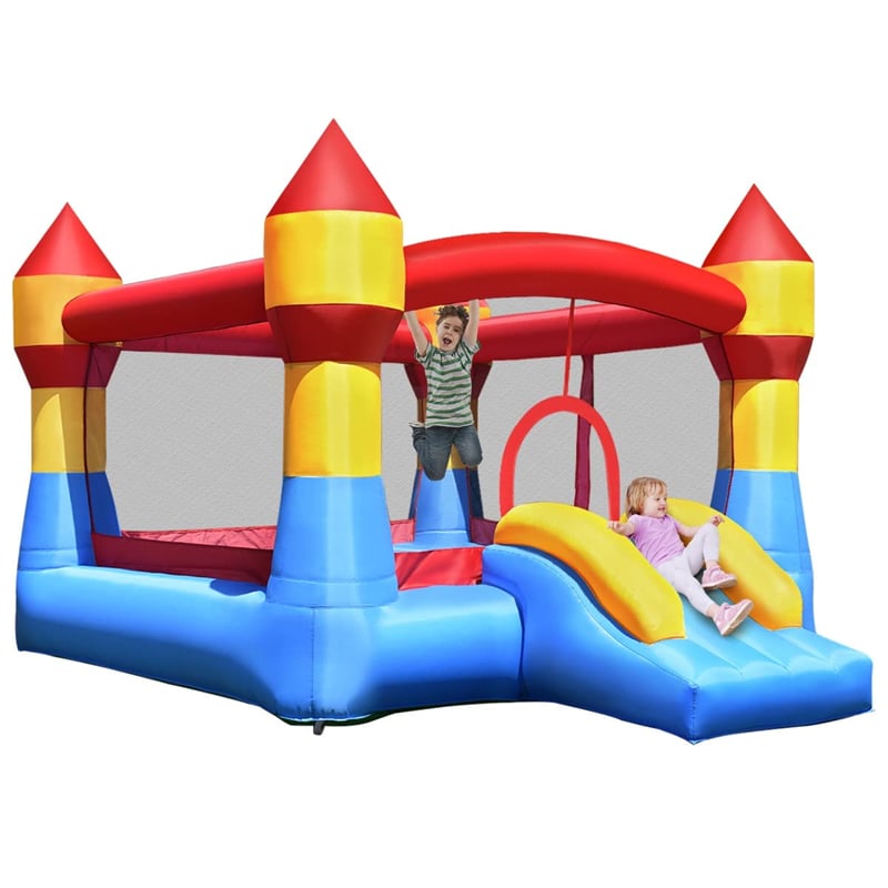 Inflatable Bounce House Kids Bouncy Jumper Castle Moonwalk Playhouse with Slide, Large Jumping Area, Mesh Walls for Indoor Outdoor Party Fun