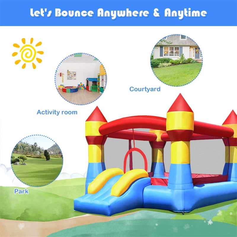 Inflatable Bounce House Kids Bouncy Jumper Castle Moonwalk Playhouse with Slide, Large Jumping Area, Mesh Walls for Indoor Outdoor Party Fun