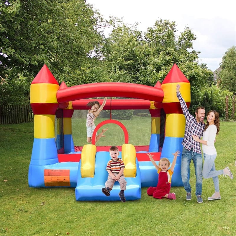 Inflatable Bounce House Kids Bouncy Jumper Castle Moonwalk Playhouse with Slide, Large Jumping Area, Mesh Walls for Indoor Outdoor Party Fun