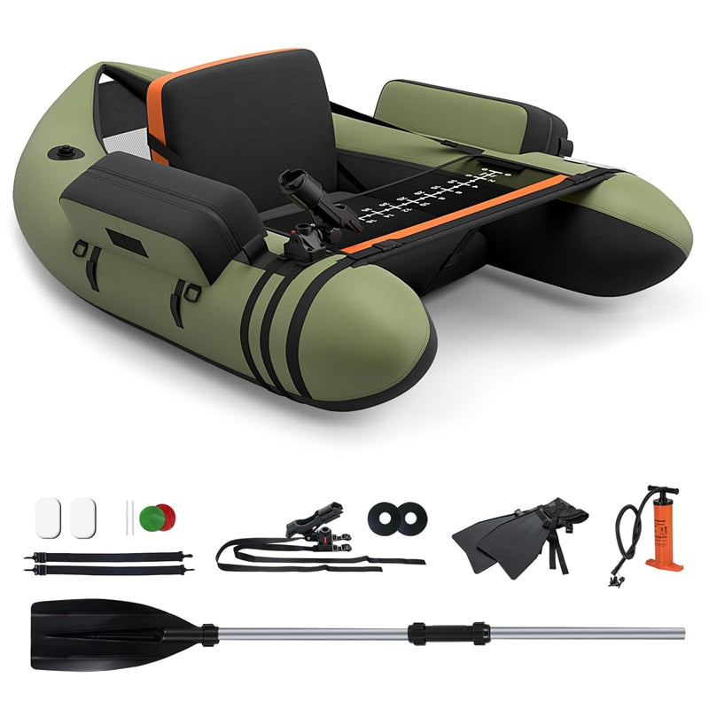 Fishing Float Tube Inflatable Fishing Boat 350lbs Portable Backpack Belly Boat with Pump, Paddle, Fish Ruler, Flippers & Storage Pockets