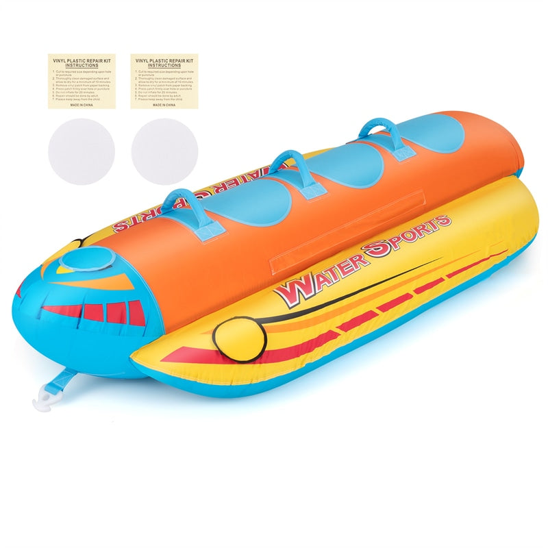 Inflatable 3-Person Towable Tube for Boating, Hot Dog Towable Tube Water Sports Banana Boat Ride with 3 EVA-Padded Seats for Towing Rider