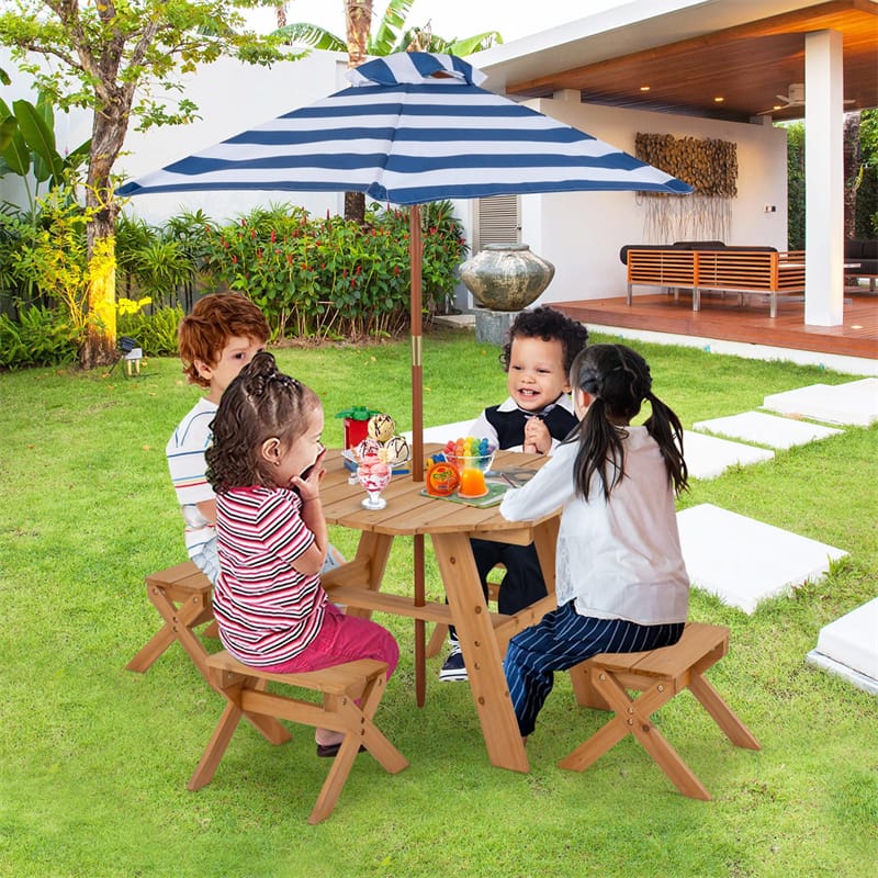 Kids Picnic Table Bench Set Fir Wood Octagon Table with 4 Chairs & Stripe Fabric Umbrella, Toddler Activity Table for Outdoor Garden Backyard