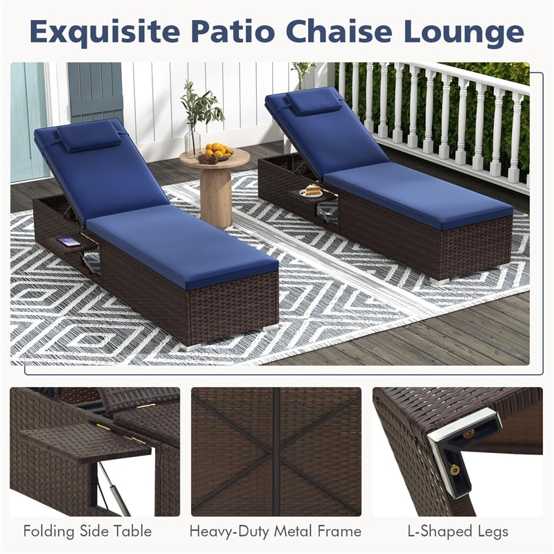 Patio Chaise Lounge Outdoor Rattan Lounge Chair Metal Frame Reclining Sun Lounger with Cushion, Headrest, 6-Level Adjustable Backrest