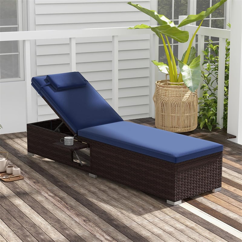 Patio Chaise Lounge Outdoor Rattan Lounge Chair Metal Frame Reclining Sun Lounger with Cushion, Headrest, 6-Level Adjustable Backrest