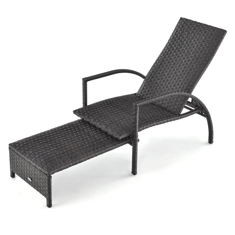Outdoor PE Rattan Chaise Lounge Wicker Elastic Sponge Patio Lounge Chair with Retractable Footrest, 5-Level Adjustable Backrest & Metal Frame