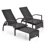 Outdoor PE Rattan Chaise Lounge Wicker Elastic Sponge Patio Lounge Chair with Retractable Footrest, 5-Level Adjustable Backrest & Metal Frame