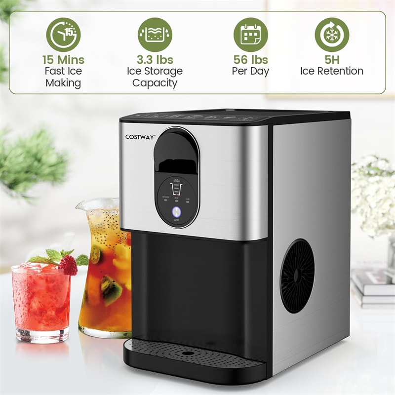 Self Dispensing Countertop Nugget Ice Maker 56LBS/24H with Soft Chewable Ice, Pebble Ice Maker Portable Stainless Steel Ice Machine for Home Office