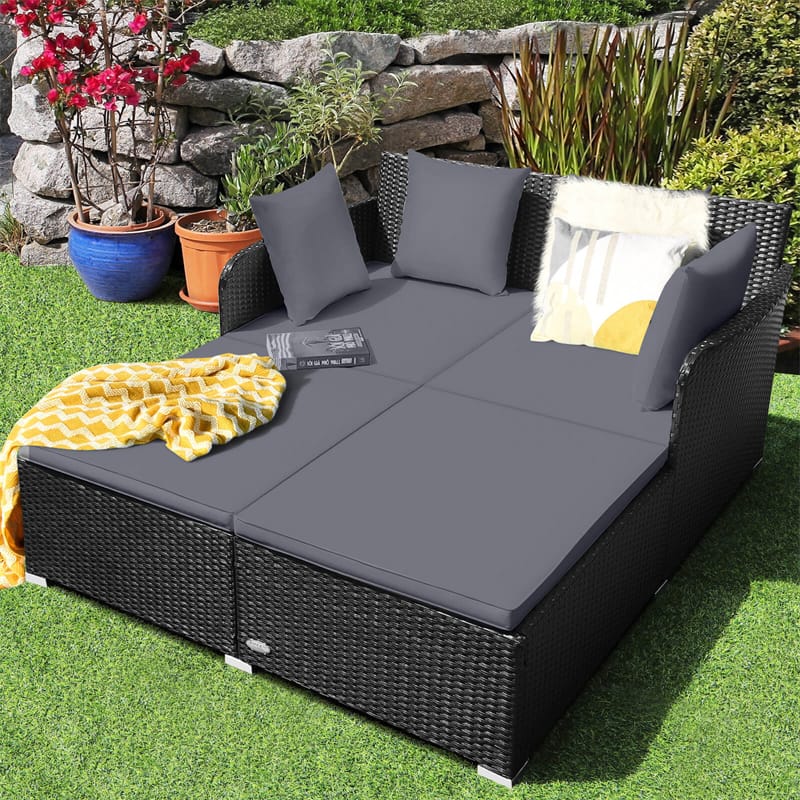 Patio Rattan Daybed Wicker Outdoor Double Chaise Lounge Sun Lounger Cushioned Sofa Furniture with Spacious Seat & Pillows