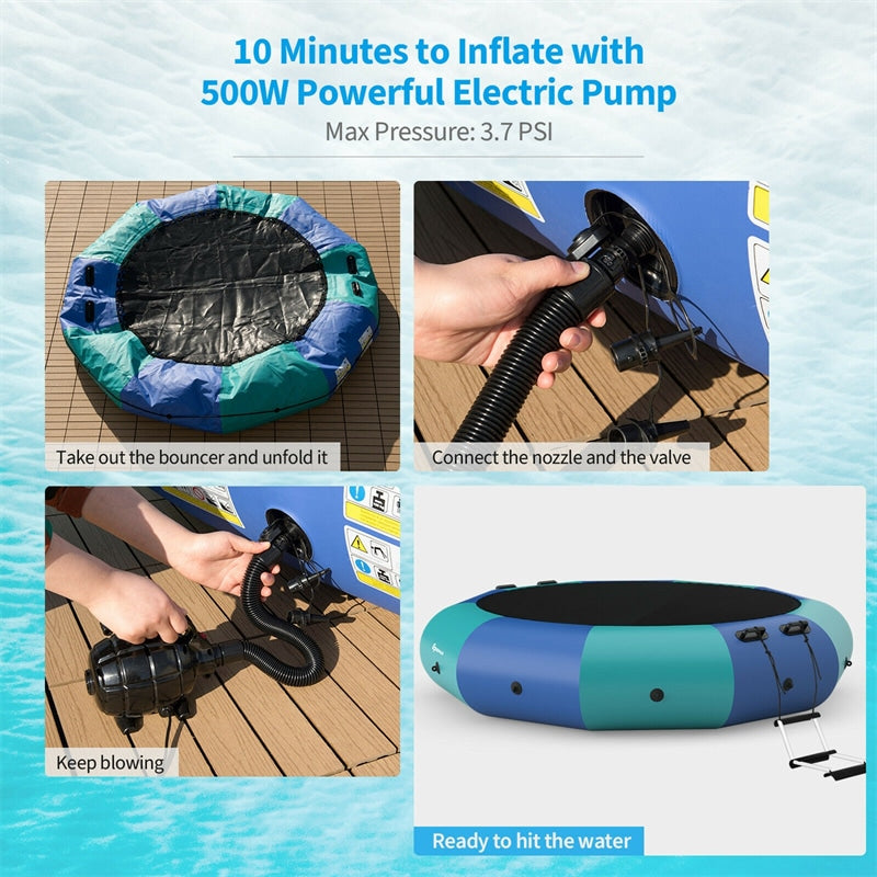 10FT Inflatable Water Trampoline Floating Lake Trampoline with 500W Electric Inflator & Rope Ladder, Recreational Water Bouncer for Pool