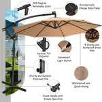 10FT Offset Patio Umbrella Solar Powered LED Outdoor Market Umbrella 360 Degree Rotation with Crank Handle & Cross Base