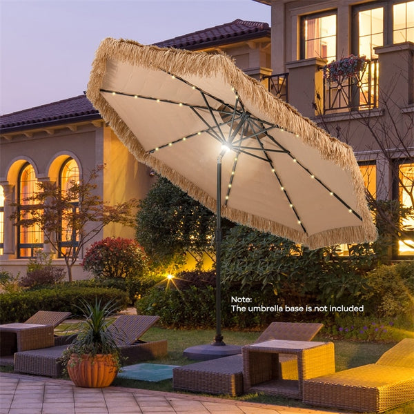 10FT Thatched Tiki Patio Umbrella with 32 Solar LED Lights, 2 Tier Hawaiian Style Grass Beach Umbrella with Tilt Adjustment & Crank for Poolside, Deck