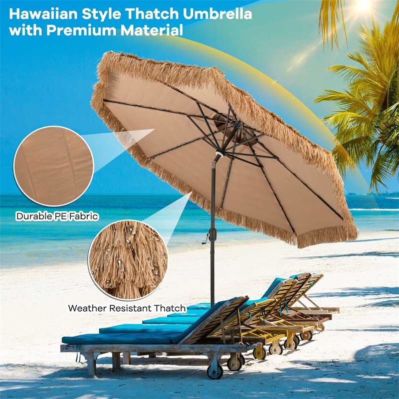 10FT Thatched Patio Umbrella with 32 LED Lights, 2 Tier Hawaiian Style Grass Beach Umbrella 8 Ribs Outdoor Solar Tiki Umbrella, Tilt Adjustment