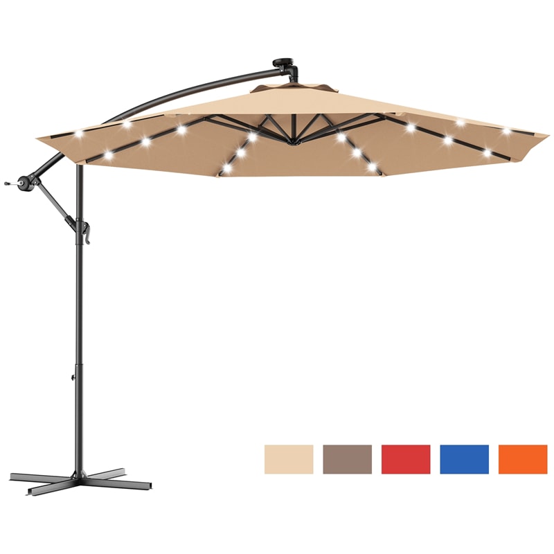 10' Solar LED Offset Patio Umbrella Hanging Market Umbrella Sun Shade with Heavy-Duty Cross Base